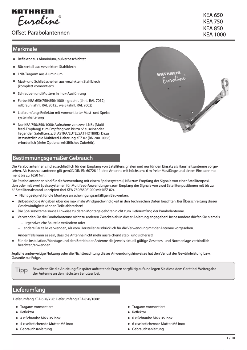 Page 1 de la notice Manuel utilisateur Kathrein Euroline KEA 750