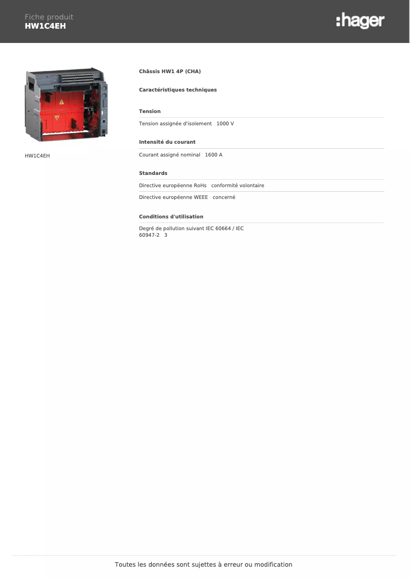 Page 1 de la notice Fiche technique Hager HW1C4EH