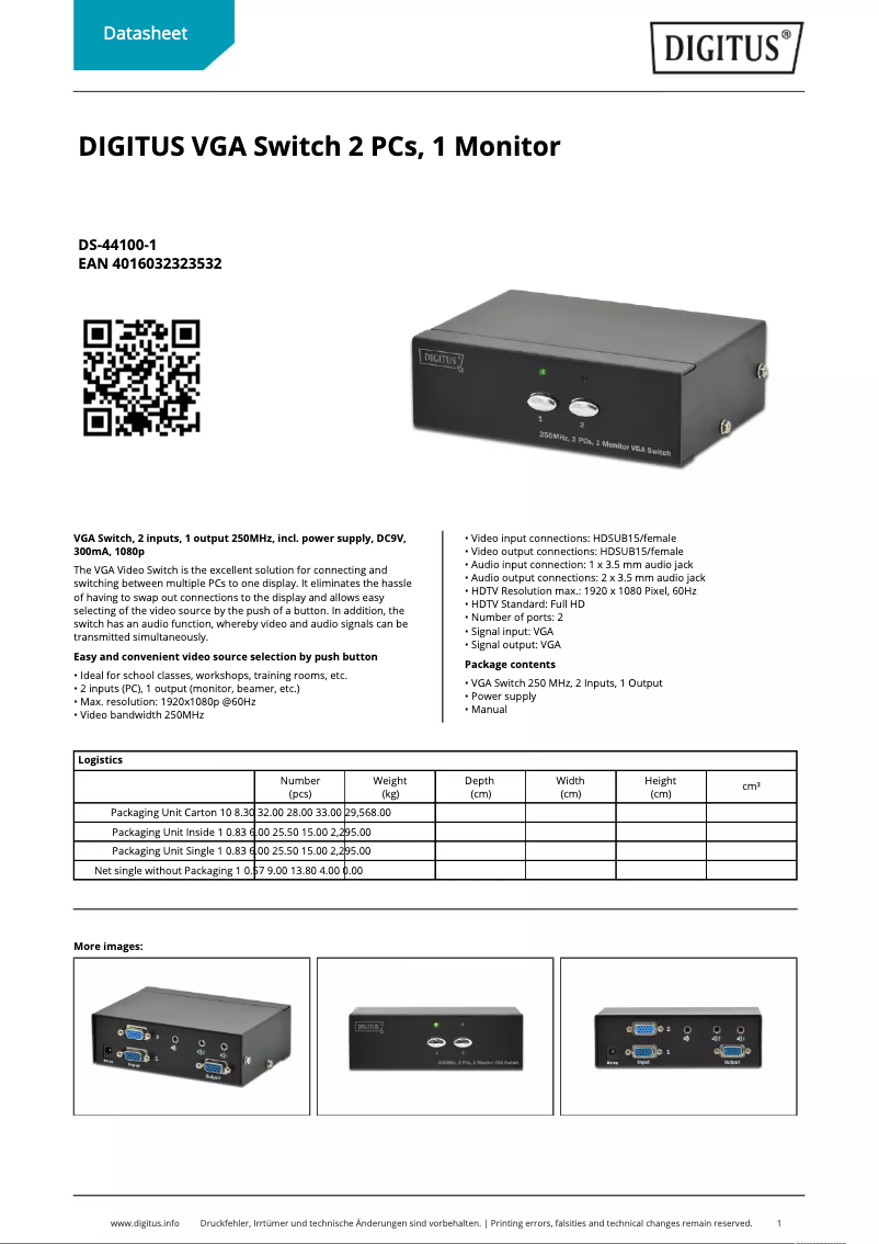Page 1 de la notice Fiche technique Digitus DS-44100-1