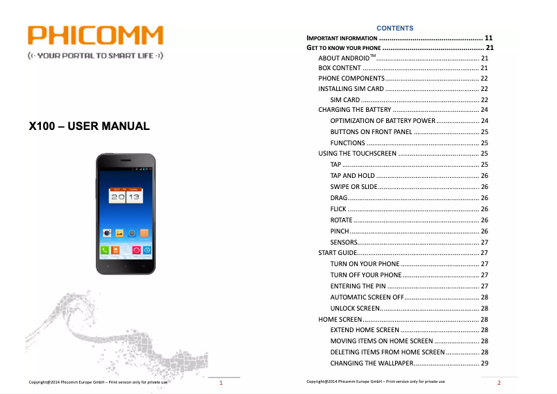 Page 1 de la notice Manuel utilisateur Phicomm X100