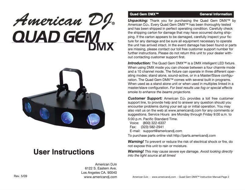 Page 1 de la notice Manuel utilisateur American DJ Quad Gem DMX