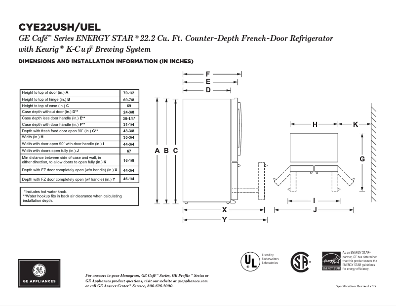 Page n°1 - Fiche technique GE Café CYE22USHSS