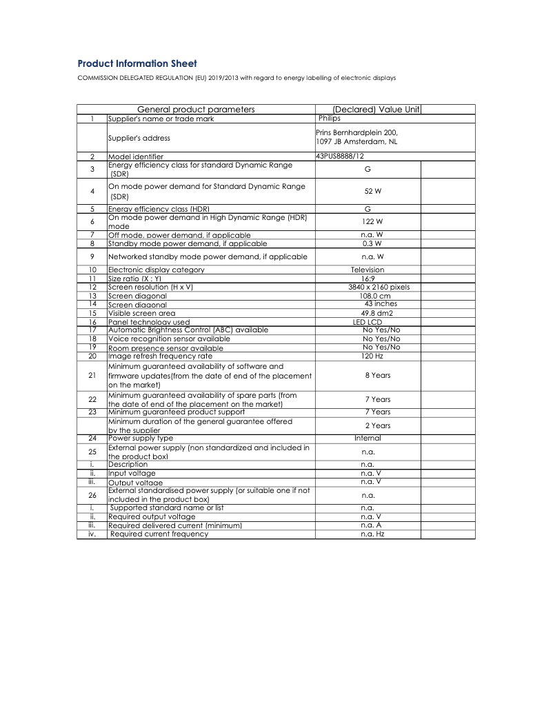 Page 1 de la notice Fiche technique Philips The One 43PUS8888