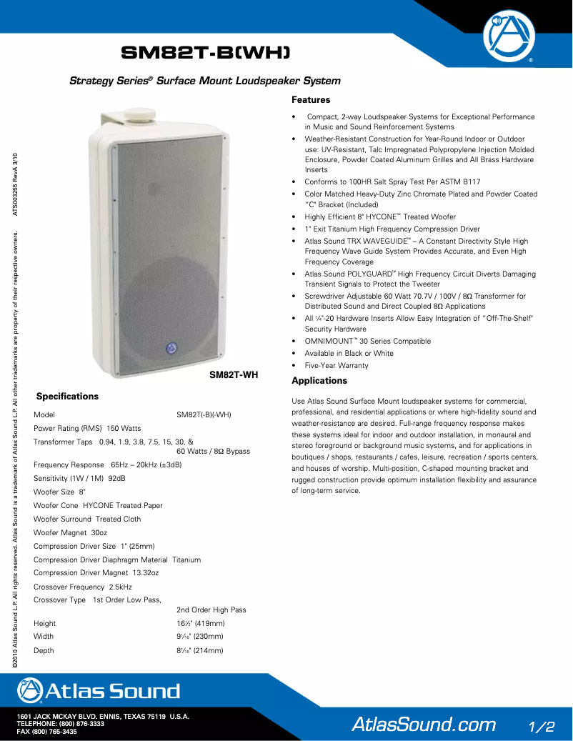 Page 1 de la notice Manuel utilisateur Atlas Sound SM82T