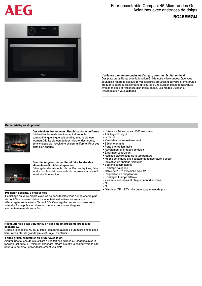 Page 1 de la notice Fiche technique AEG BO4BEMGM