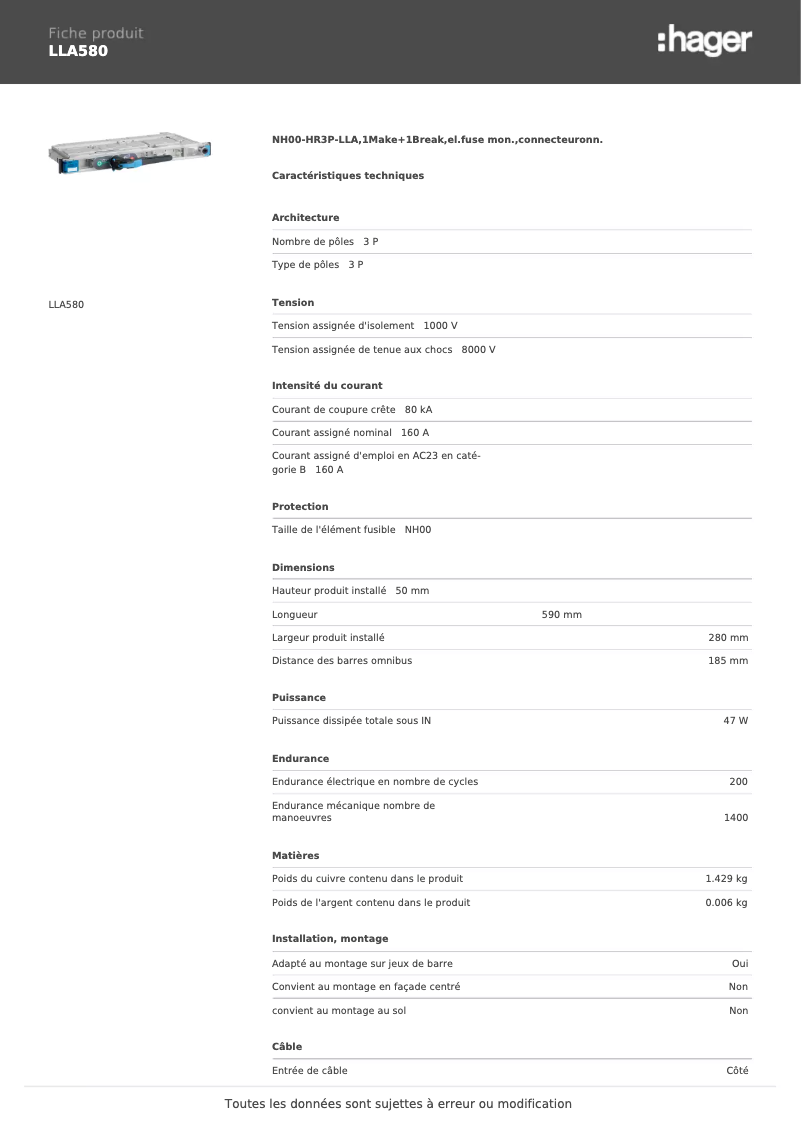 Page 1 de la notice Fiche technique Hager LLA580