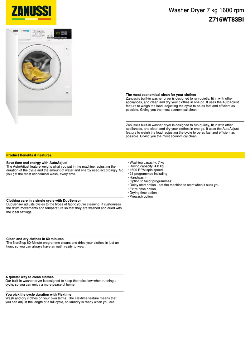Page 1 de la notice Fiche technique Zanussi Z716WT83BI