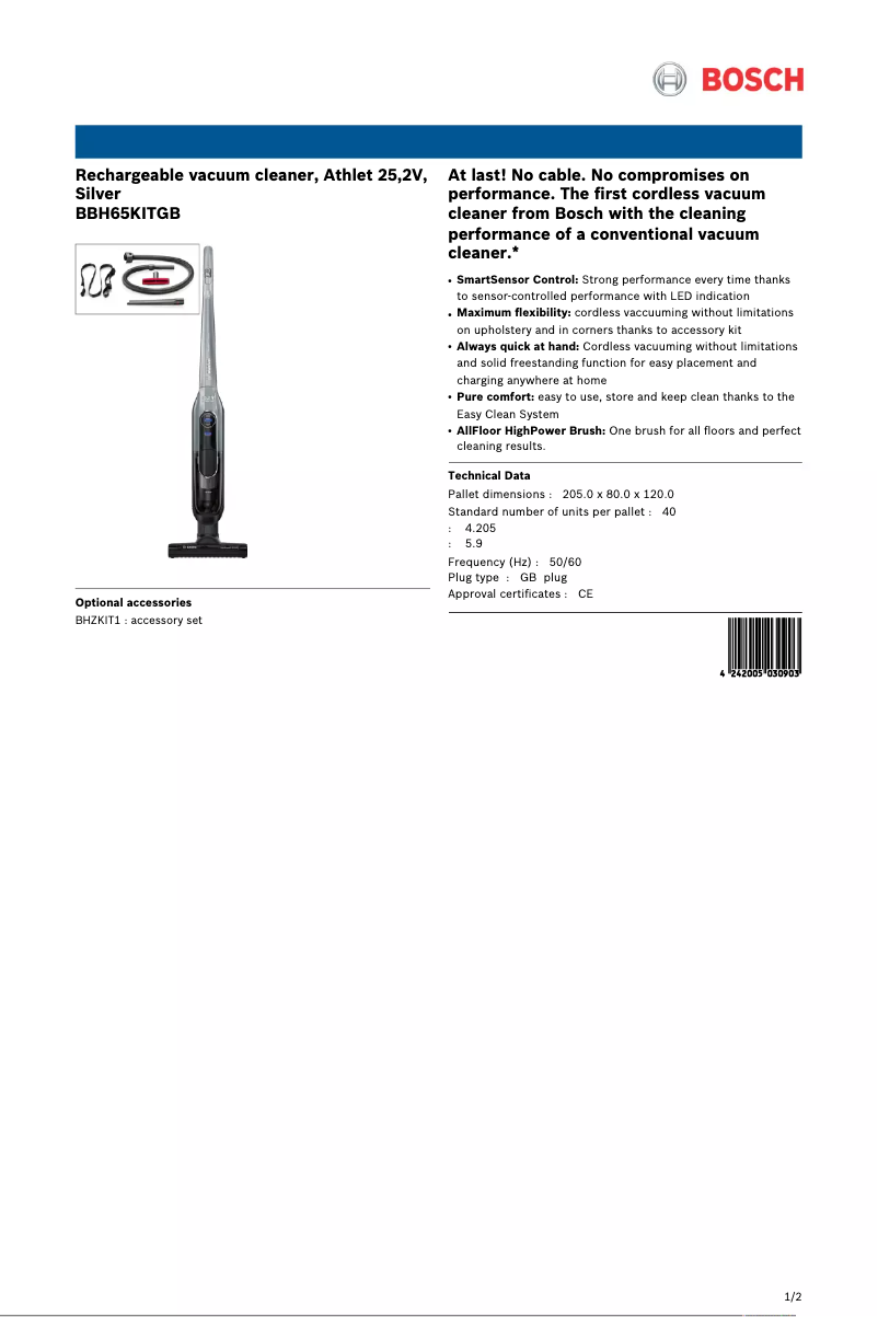 Page 1 de la notice Fiche technique Bosch Athlet BBH65KITGB