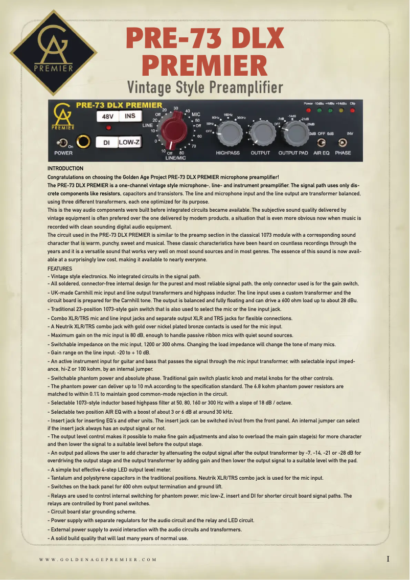 Page 1 de la notice Manuel utilisateur Golden Age Project PRE-73 DLX PREMIER