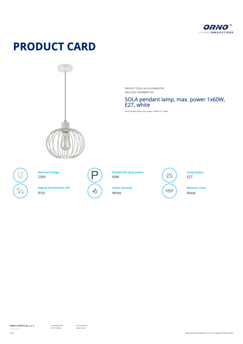 Page 1 of the manual Technical Sheet Adviti AD-LD-6266WE27M