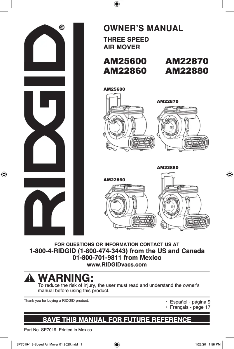 Página 1 del manual Manual de usuario Ridgid AM2288RT