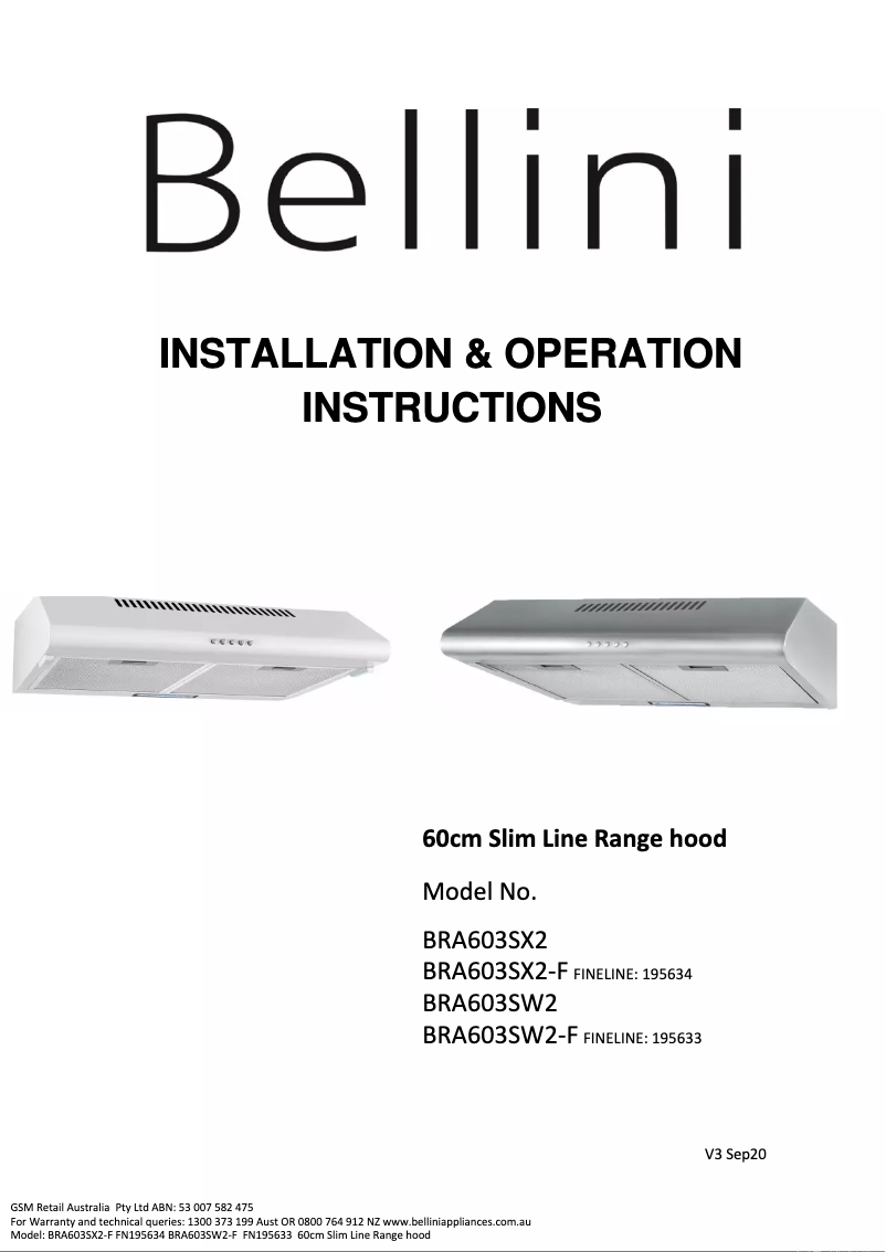 Page 1 de la notice Manuel utilisateur Bellini BRA603SW2-F