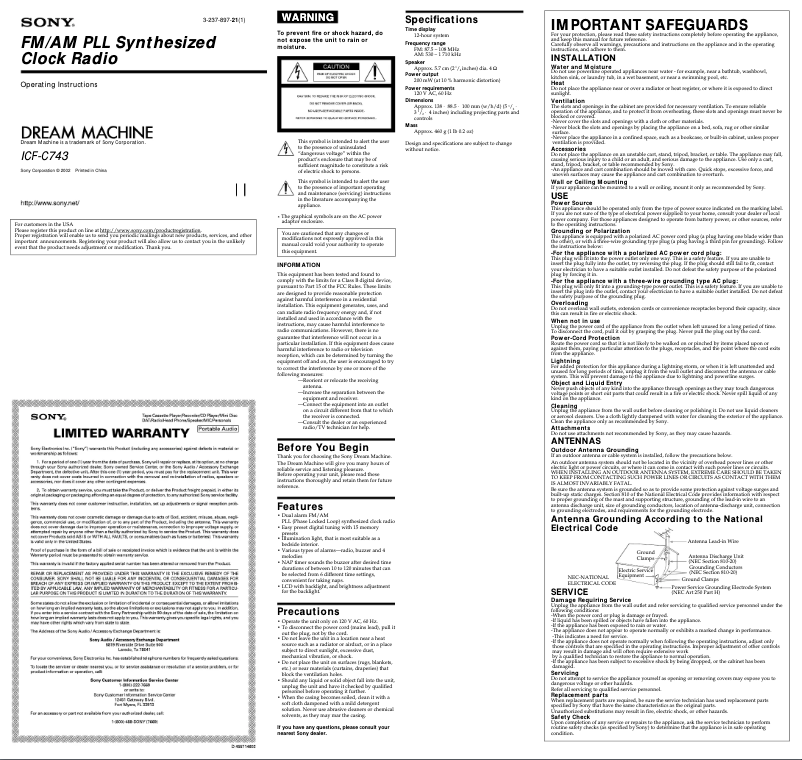 Page 1 de la notice Manuel utilisateur Sony ICF-C743