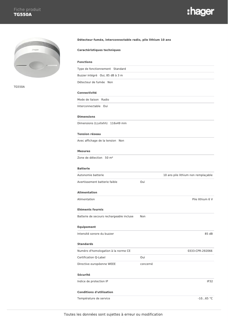 Página 1 del manual Ficha técnica Hager TG550A