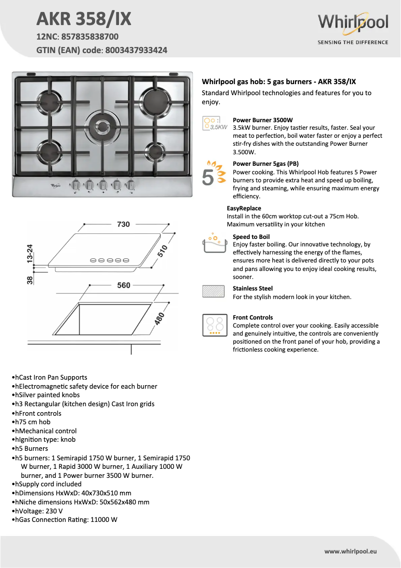 Page 1 de la notice Fiche technique Whirlpool AKR 358/IX