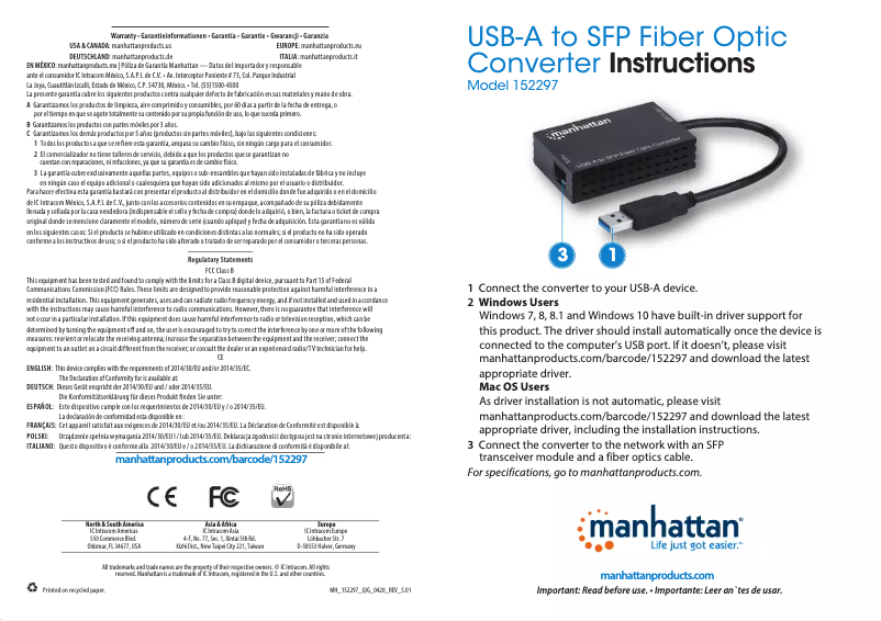 Page 1 de la notice Manuel utilisateur Manhattan 152297