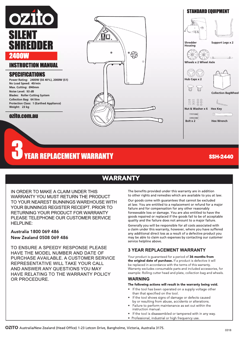 Page 1 de la notice Manuel utilisateur Ozito SSH-2440