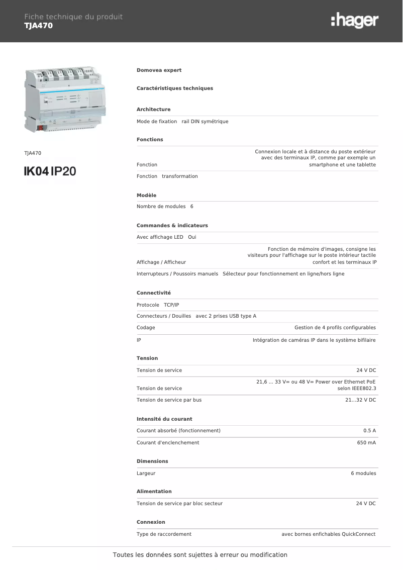 Página 1 del manual Ficha técnica Hager TJA470