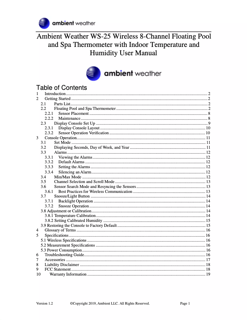 Page 1 de la notice Manuel utilisateur Ambient Weather WS-25