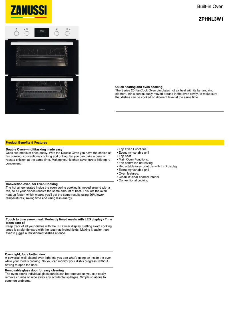 Page 1 de la notice Fiche technique Zanussi ZPHNL3W1