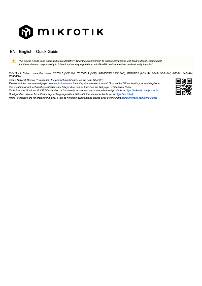 Page 1 de la notice Manuel utilisateur Mikrotik hEX S