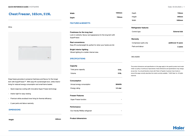 Page 1 de la notice Informations de garantie Haier HCF524W3