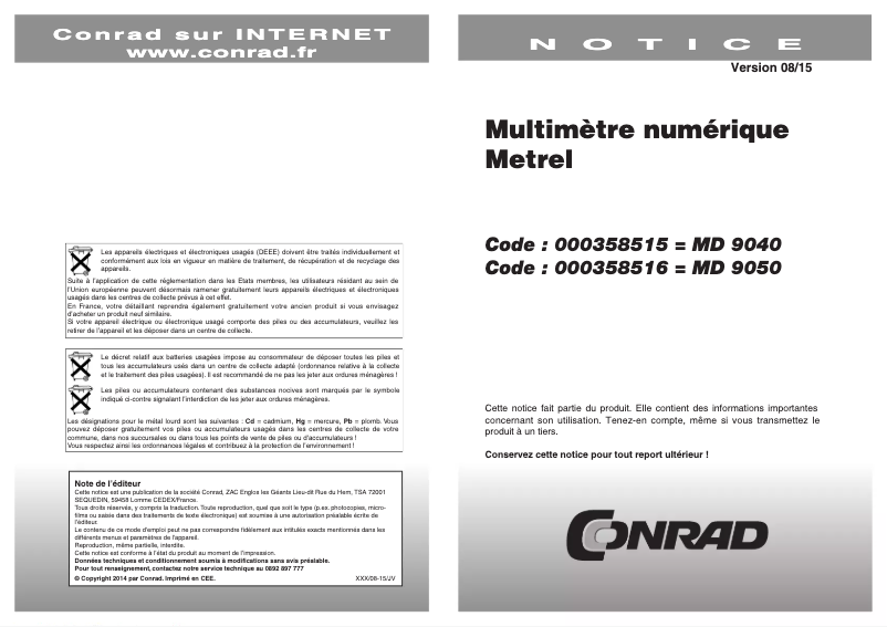 Page 1 de la notice Manuel utilisateur Metrel MD 9040