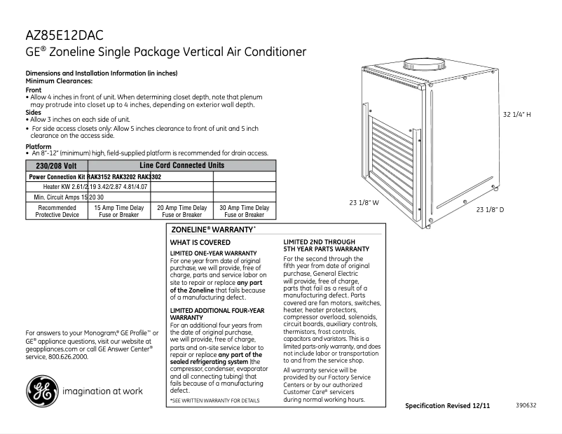 Página 1 del manual Ficha técnica GE AZ85E12DAC