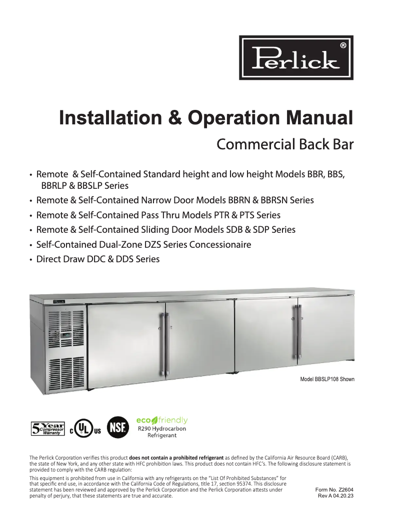 Page 1 de la notice Manuel utilisateur Perlick PTR72