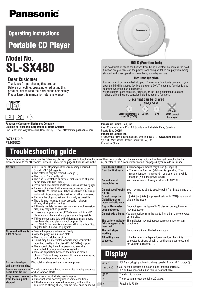 Page 1 de la notice Manuel utilisateur Panasonic SL-SX480P