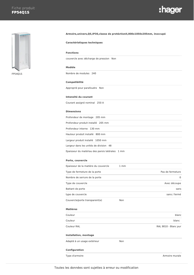 Page 1 de la notice Manuel utilisateur Hager FP54Q1S