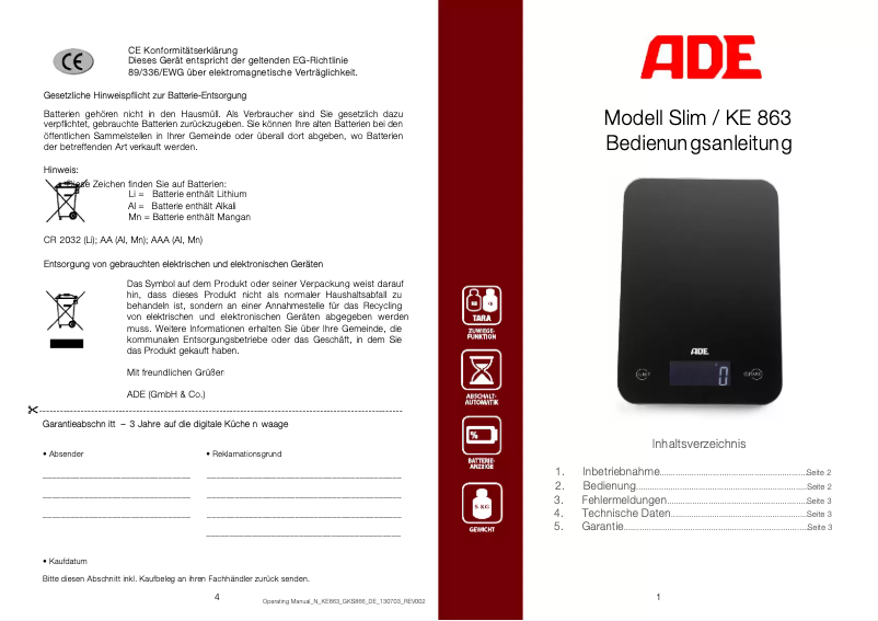 Page 1 de la notice Manuel utilisateur ADE Slim KE 863