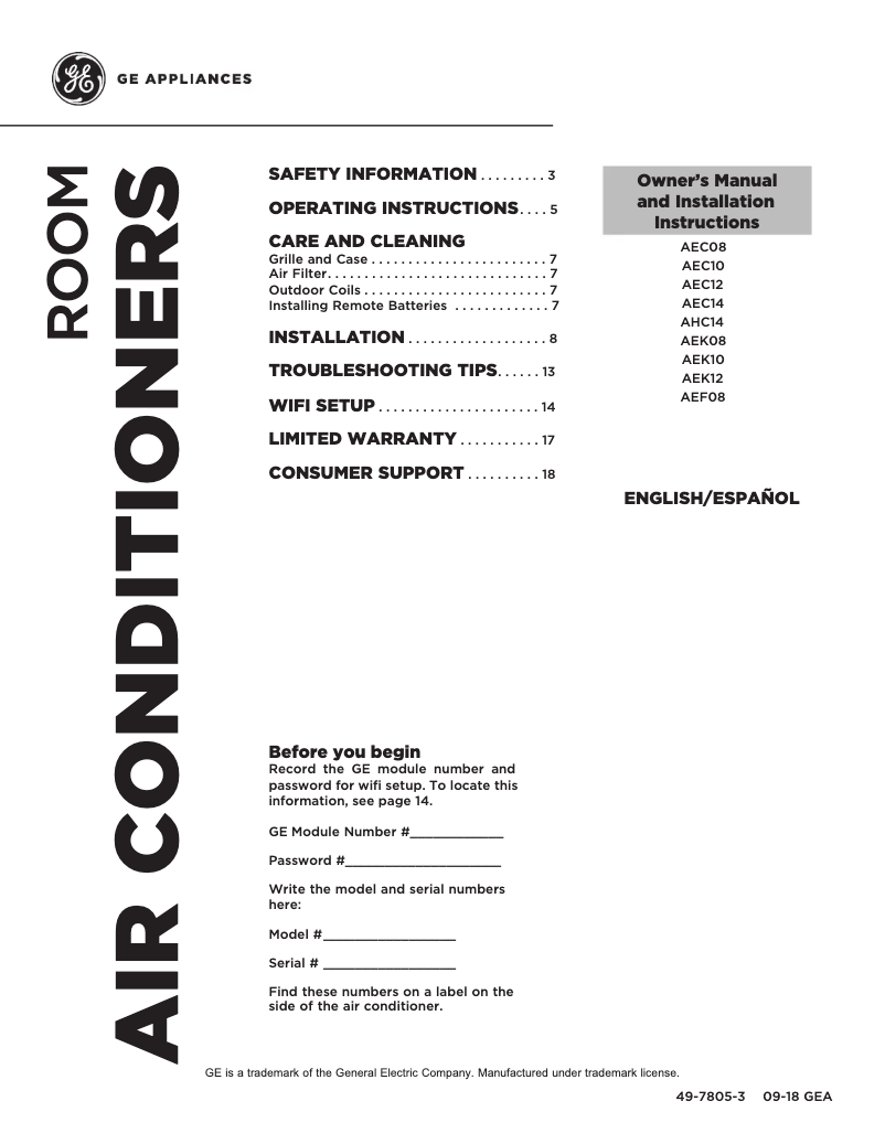 Page 1 of the manual Installation Guide GE AEC08LY