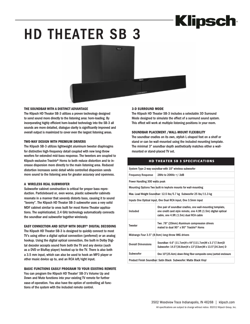Page 1 de la notice Fiche technique Klipsch HD Theater SB 3
