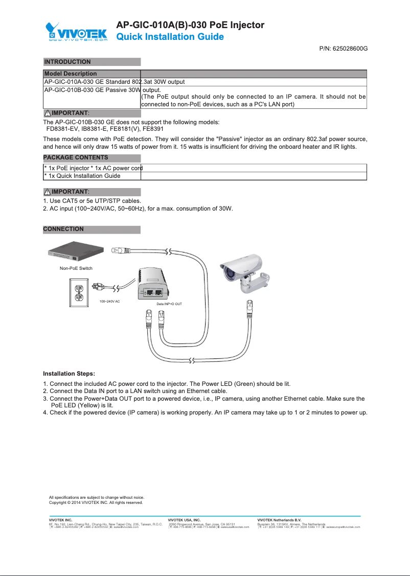 Page 1 de la notice Guide d'installation Vivotek AP-GIC-010A-030