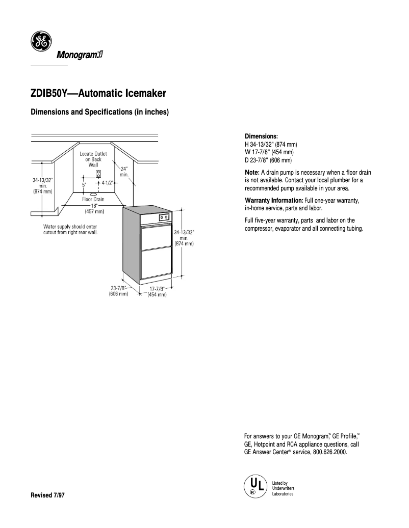 Page 1 of the manual Technical Sheet GE ZDIB50Y