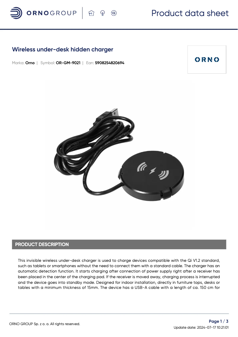Page 1 de la notice Fiche technique ORNO OR-GM-9021