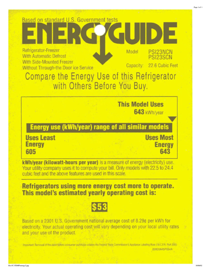 Página 1 del manual Etiqueta energética GE Profile Arctica CustomStyle PSI23NCNCC