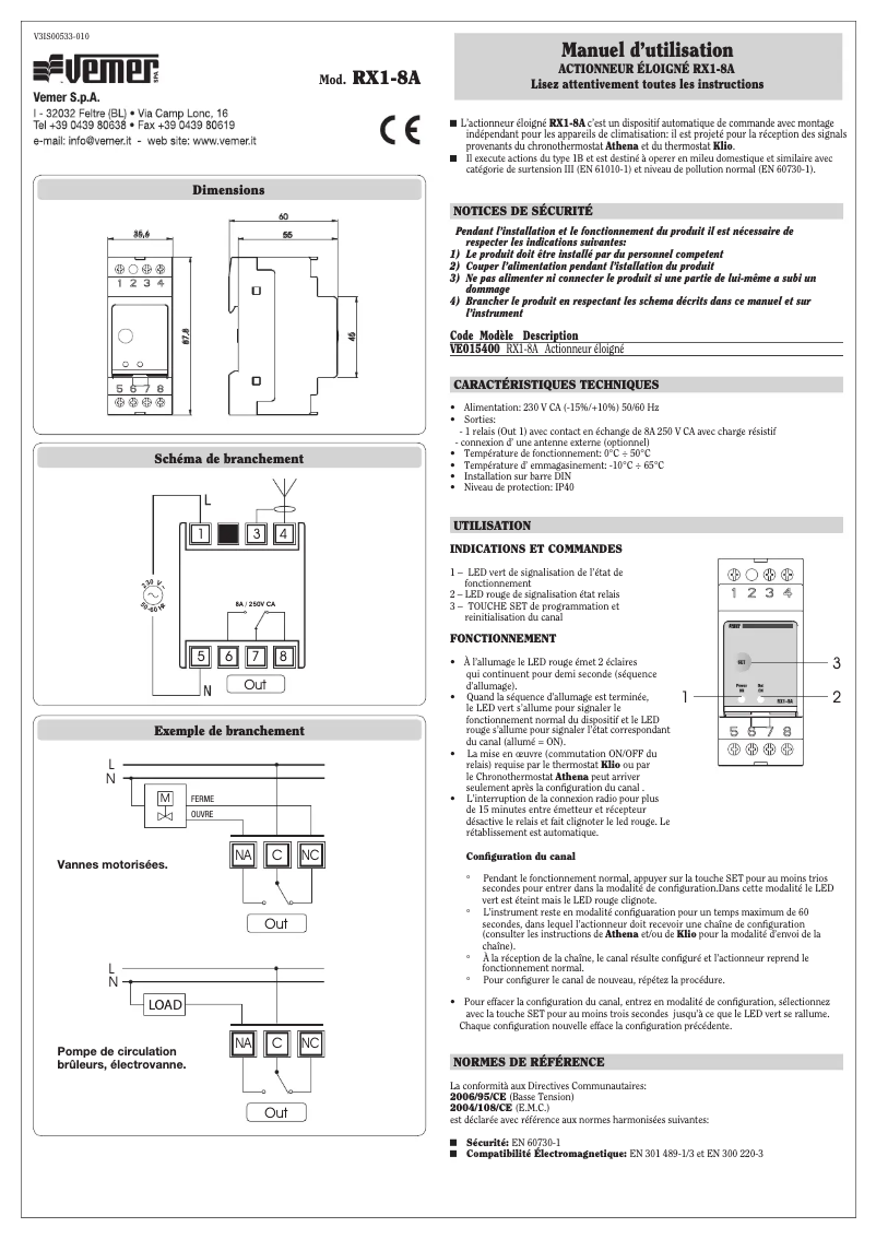 Page 1 de la notice Manuel utilisateur Vemer RX1-8A