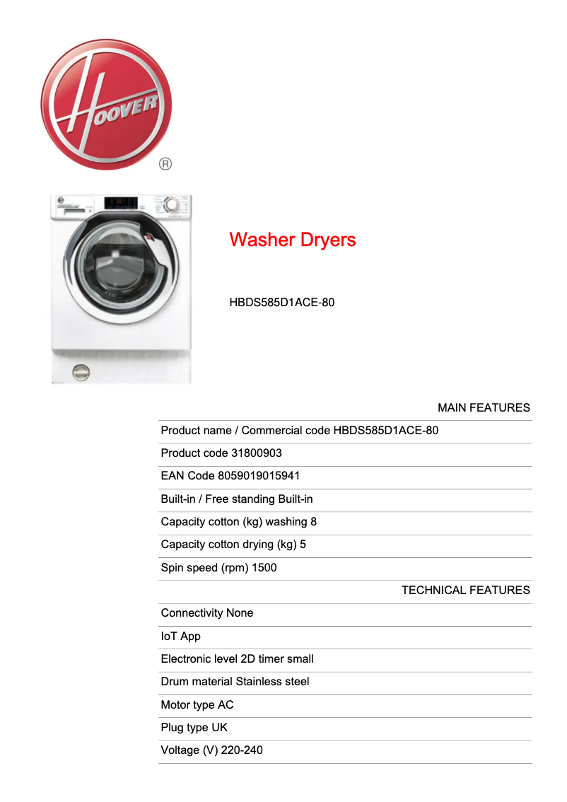 Página 1 del manual Ficha técnica Hoover H-WASH 300 LITE HBDS585D1ACE-80