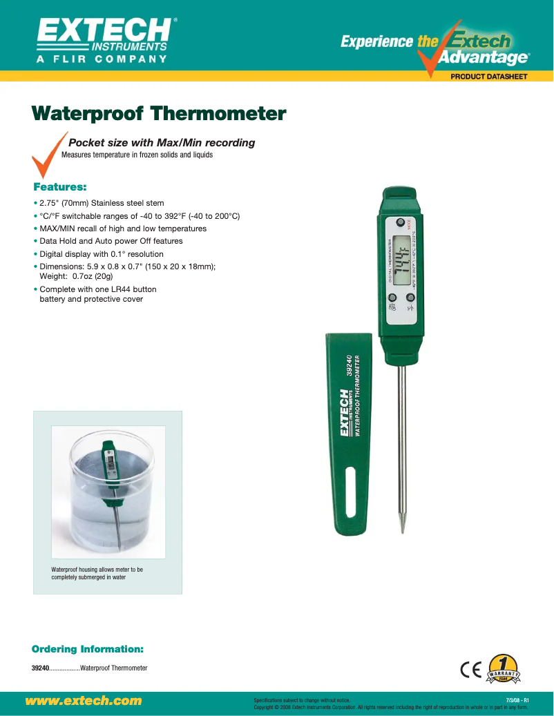 Page 1 de la notice Fiche technique Extech 39240