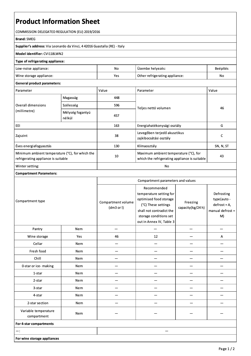 Página 1 del manual Ficha técnica Smeg CVI118LWN2