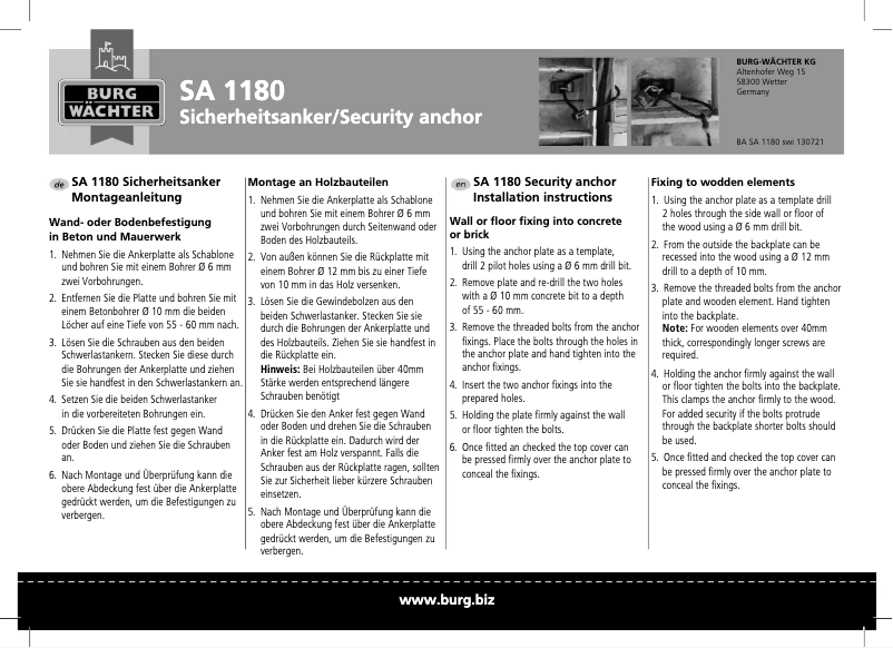 Page 1 de la notice Manuel utilisateur Burg Wächter SA 1180