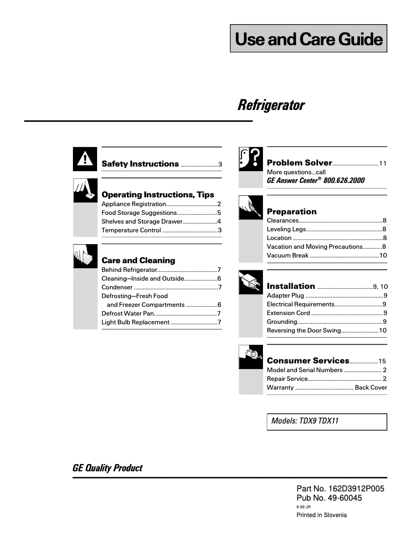 Page n°1 - Manuel d'utilisation et d'entretien GE TDX11SNYWH