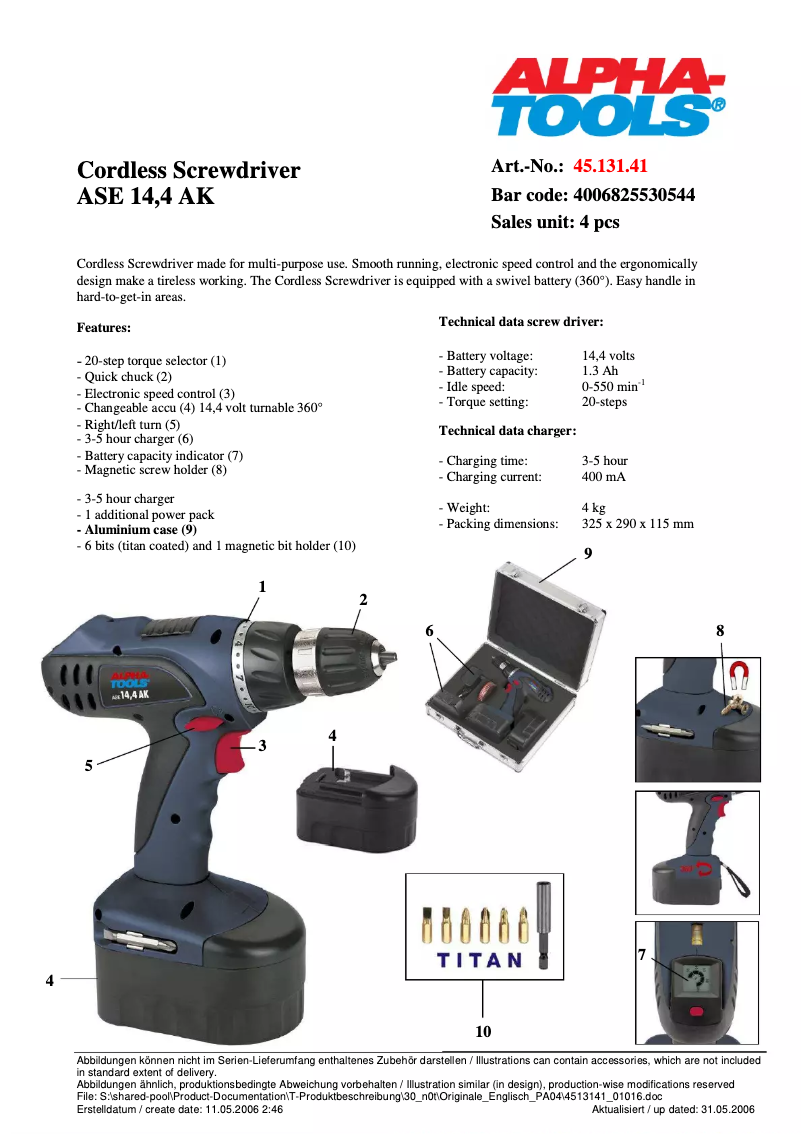Page 1 de la notice Manuel utilisateur Alpha Tools ASE 14,4 AK