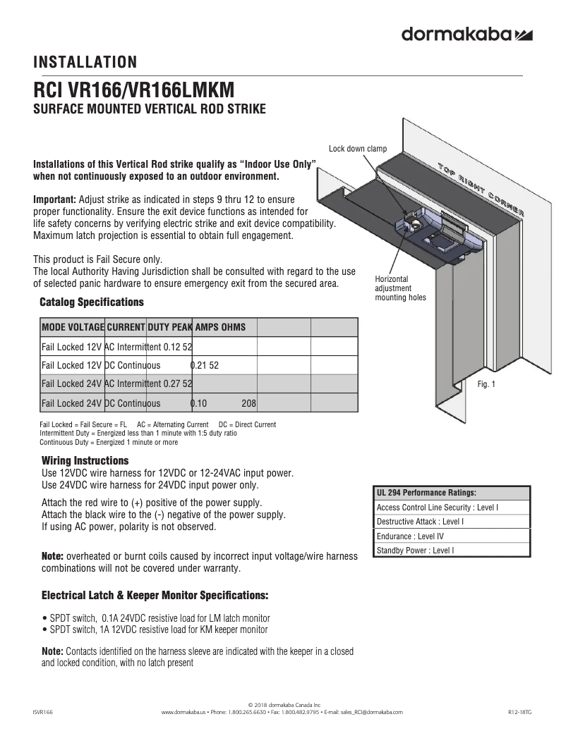 Page 1 de la notice Manuel utilisateur Dormakaba RCI VR166