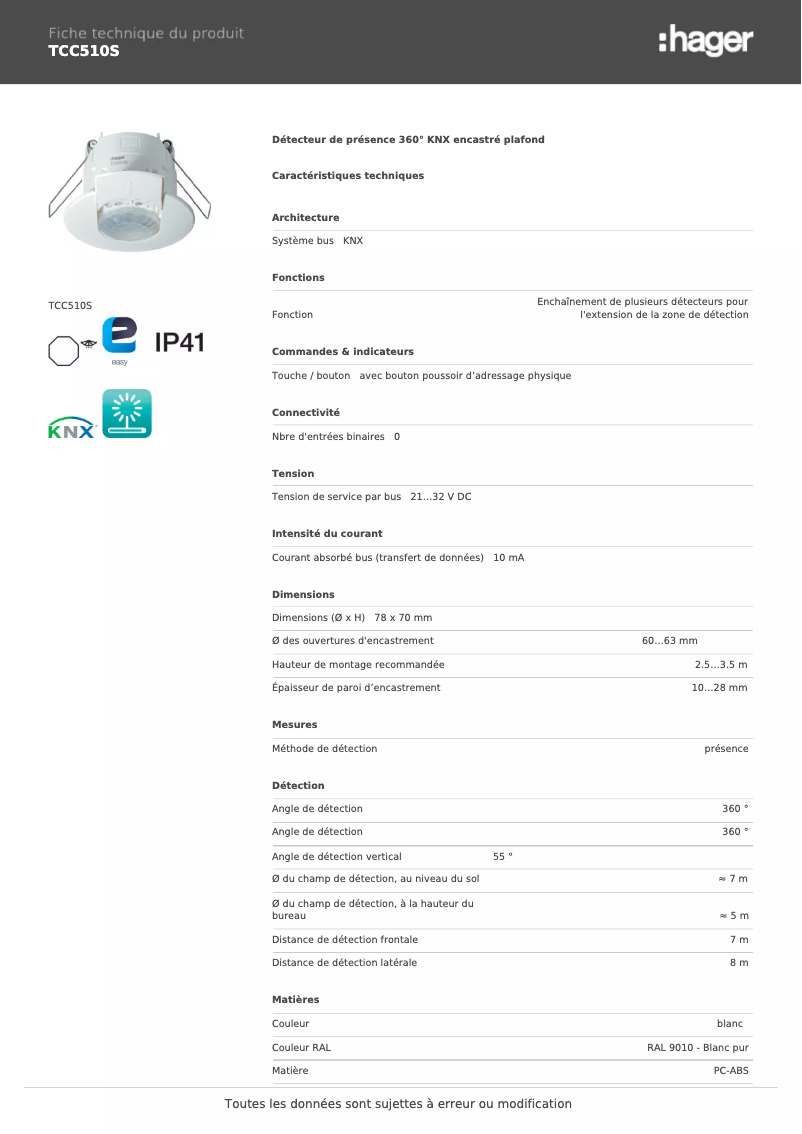 Page 1 de la notice Fiche technique Hager TCC510S