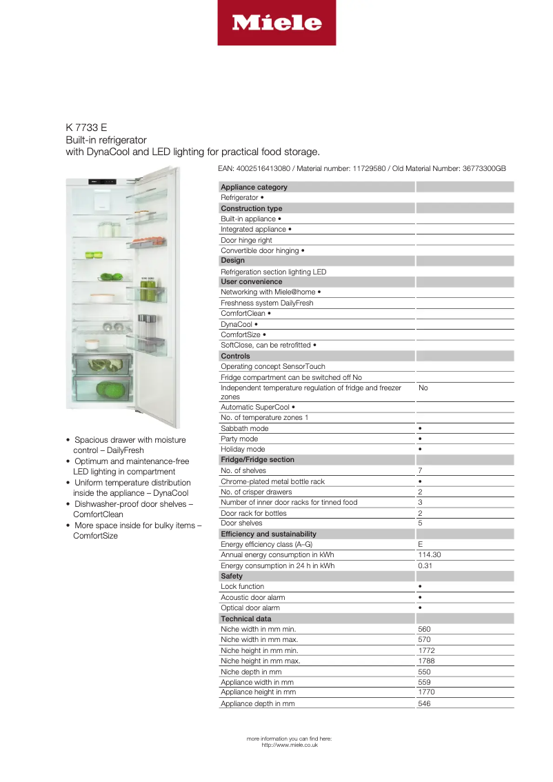 Página 1 del manual Ficha técnica Miele K 7733 E