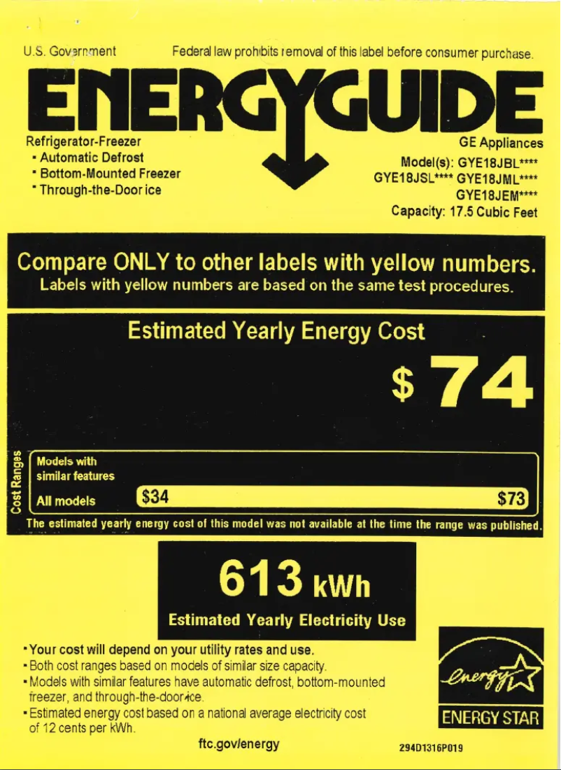 Page n°1 - Label énergétique GE GYE18JBLTS
