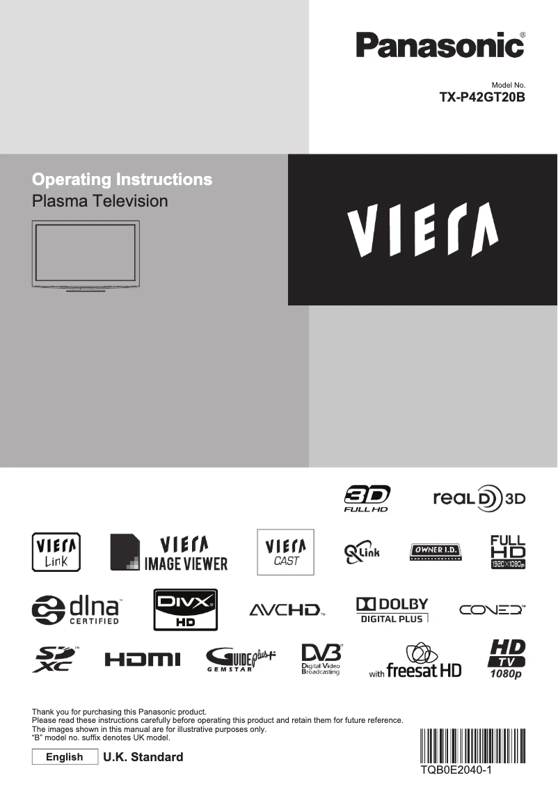 Page 1 de la notice Manuel utilisateur Panasonic Viera TX-P42GT20B